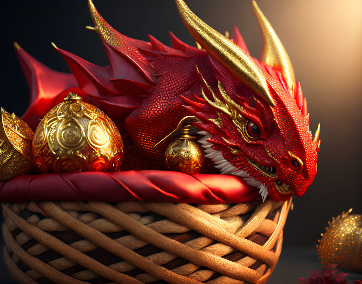 Red Dragon in Wicker Basket with Golden Ornaments on Dark Background
