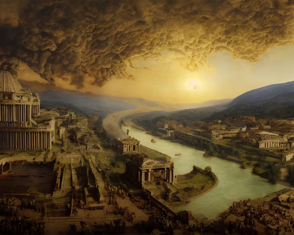 Ancient Roman cityscape at sunset with dramatic clouds