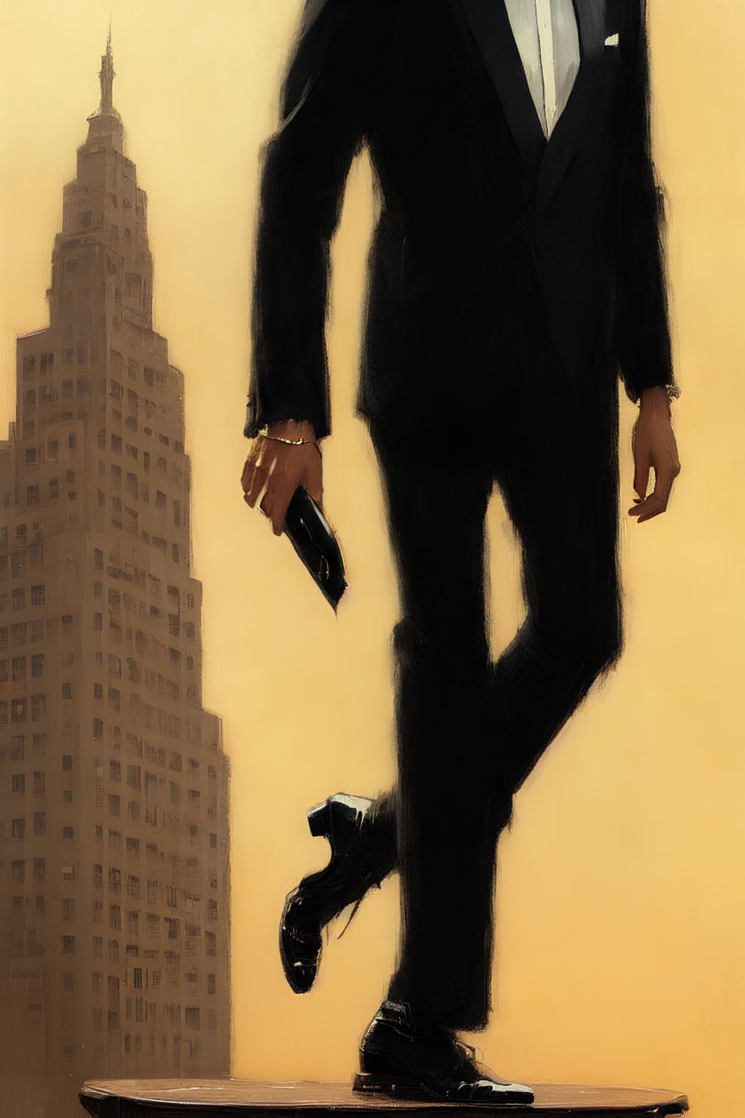 Enormous man in black suit walking over city, focus on shoe and cuff