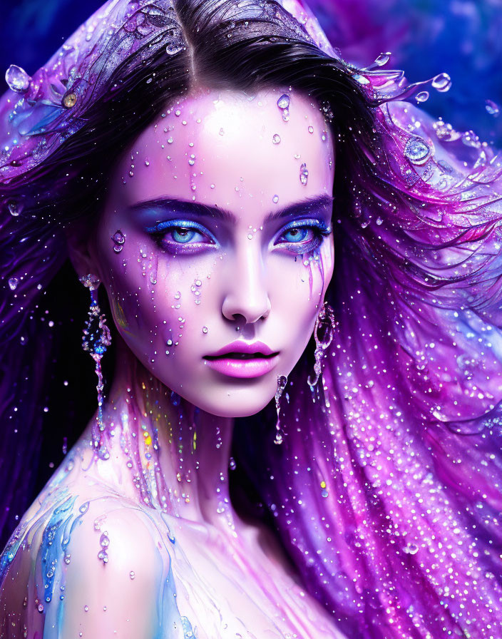 Illustration: Woman with Blue Eyes, Water Droplets, and Purple Hair
