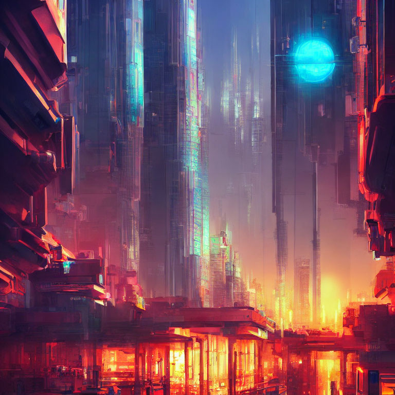 Neon-lit skyscrapers and glowing orb in futuristic cityscape