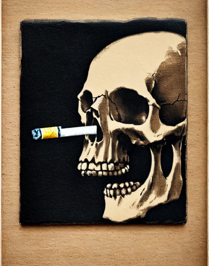 Skull with cigarette on black canvas against beige background
