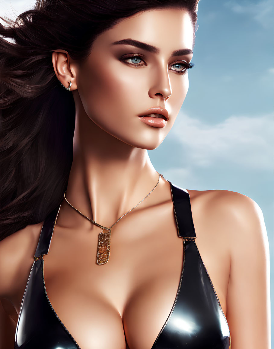 Digital artwork featuring woman with wavy hair and blue eyes in glossy black top.