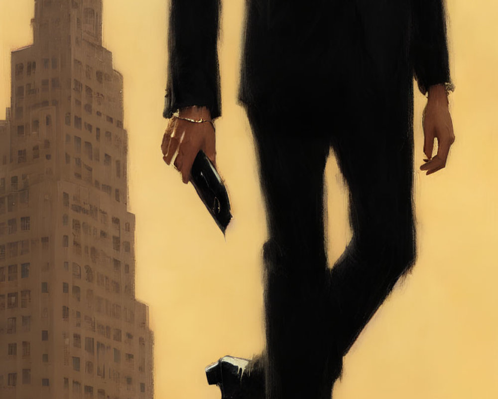 Enormous man in black suit walking over city, focus on shoe and cuff