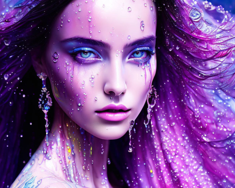 Illustration: Woman with Blue Eyes, Water Droplets, and Purple Hair