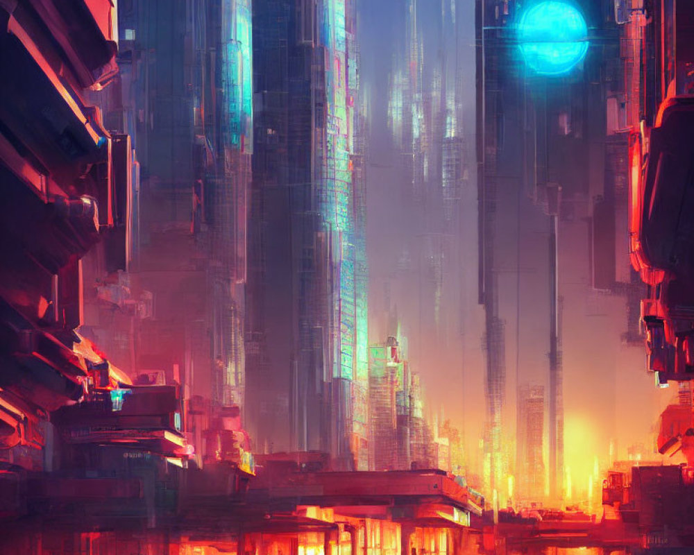 Neon-lit skyscrapers and glowing orb in futuristic cityscape