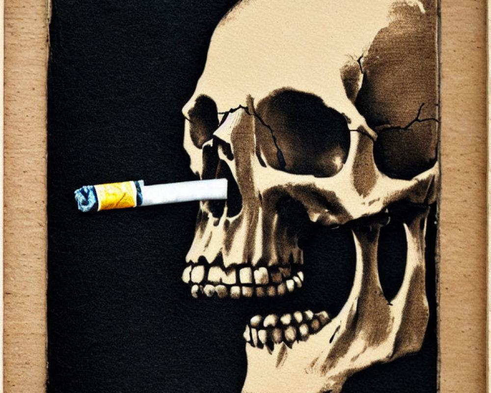 Skull with cigarette on black canvas against beige background