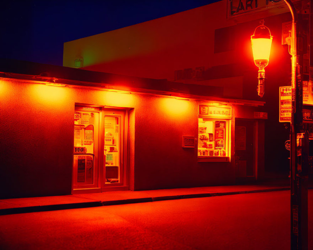 Night Street Scene with Glowing Red Neon Light and Closed Shop Front