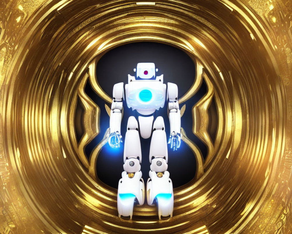 Futuristic robot with blue accents in golden circular tunnel