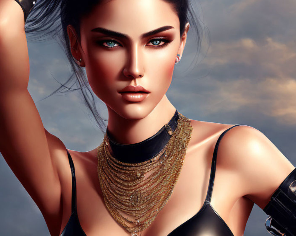 Portrait of woman with green eyes, dark hair, black outfit, gold jewelry, cloudy sky background