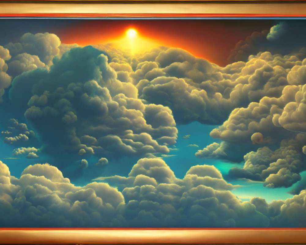 Vibrant orange sunset or sunrise with fluffy clouds on deep blue sky.