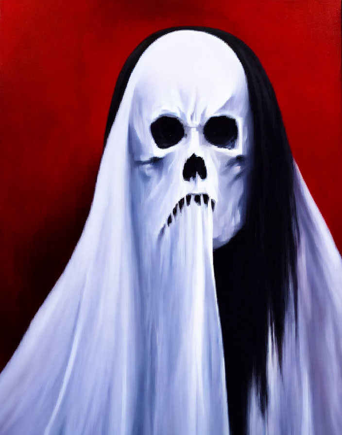 Spectral figure with skull-like face on red background