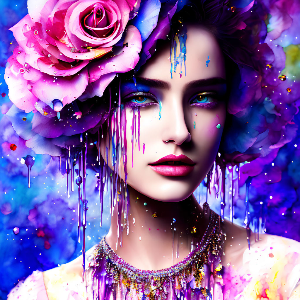 Colorful digital artwork: Woman's face with blue makeup, surrounded by flowers on blue-purple background