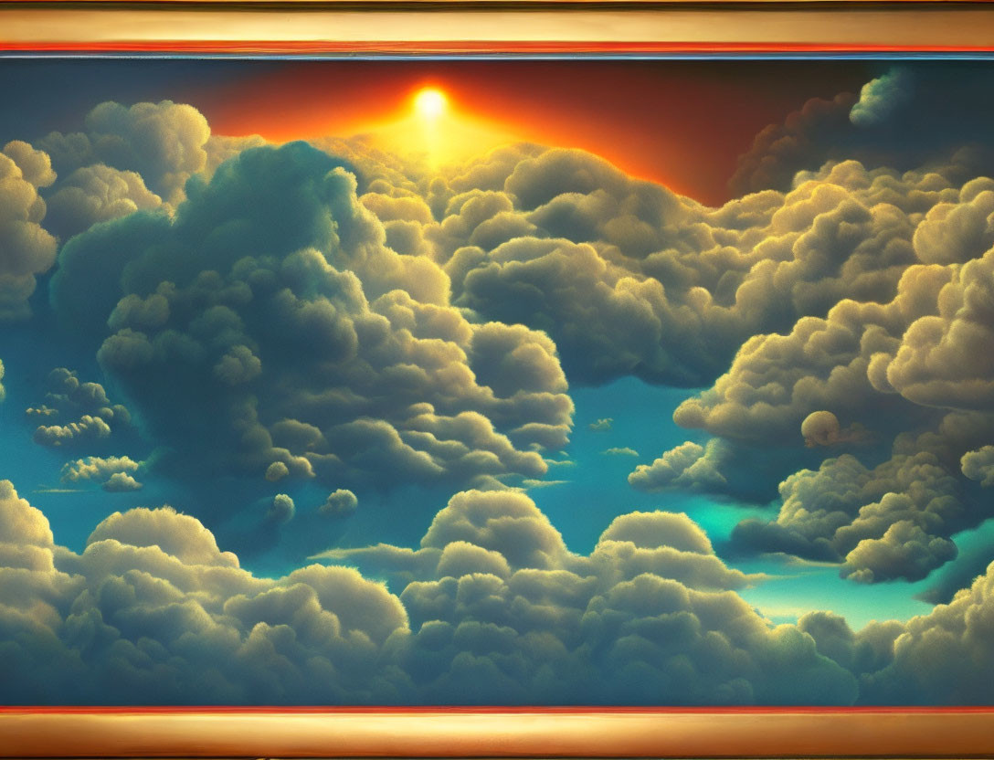 Vibrant orange sunset or sunrise with fluffy clouds on deep blue sky.