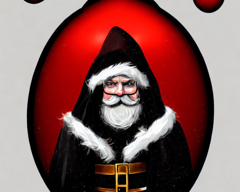 Santa Claus in hooded cloak against red ornament background