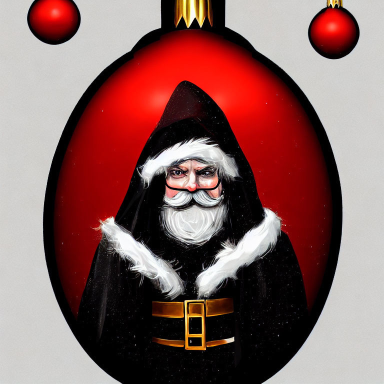 Santa Claus in hooded cloak against red ornament background
