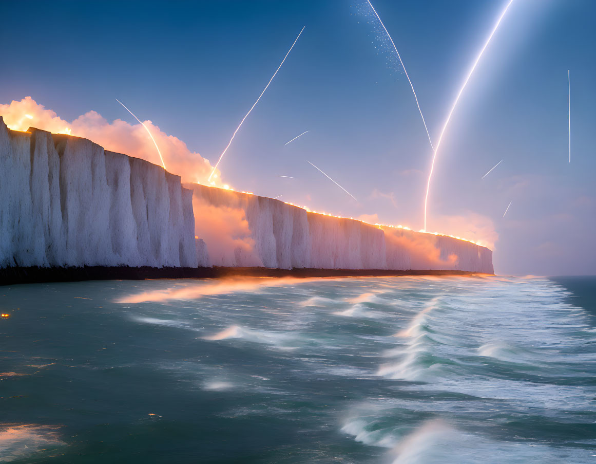 White cliffs silhouetted against a sunset sky with rocket light trails over the ocean
