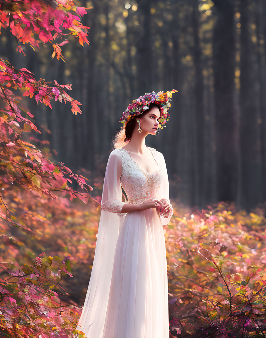 Woman in white dress with floral wreath among autumn trees with red leaves.