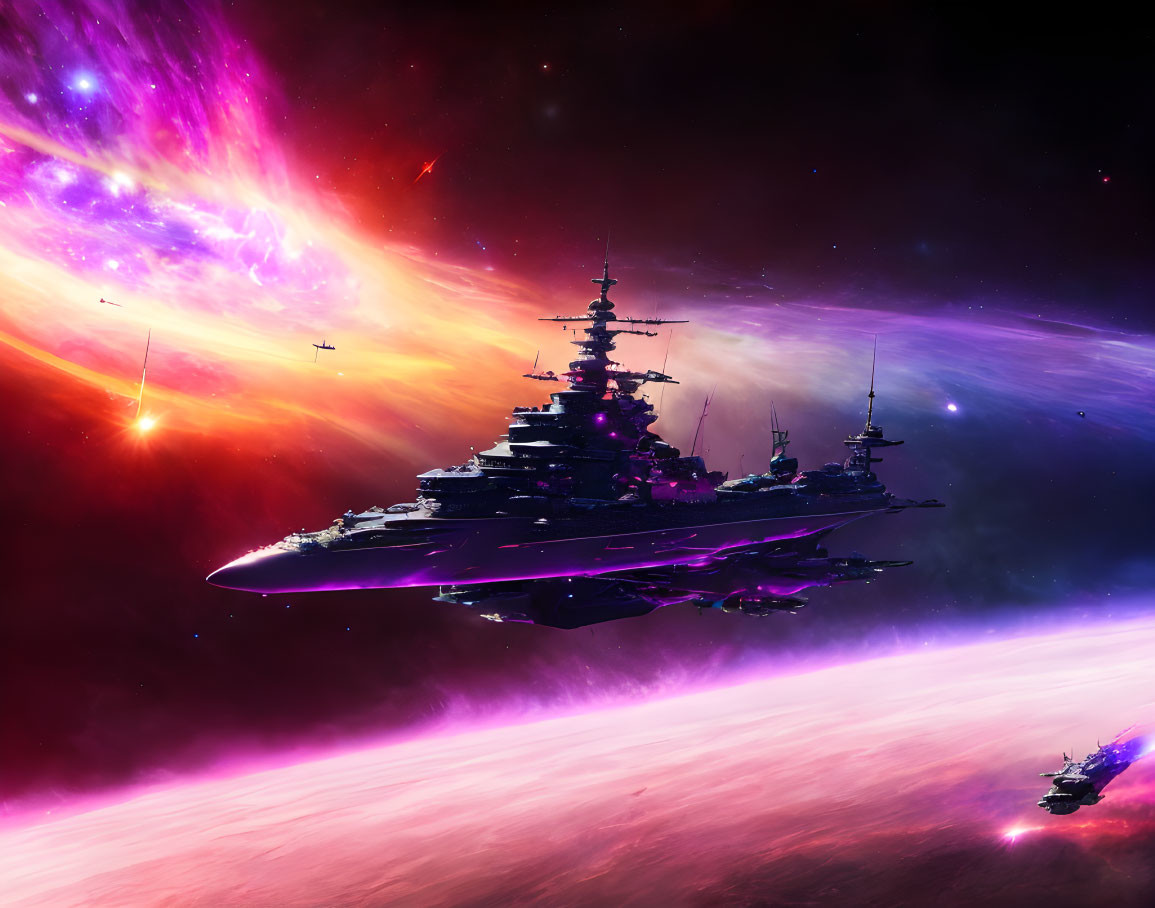 Futuristic spaceships in colorful nebula with stars