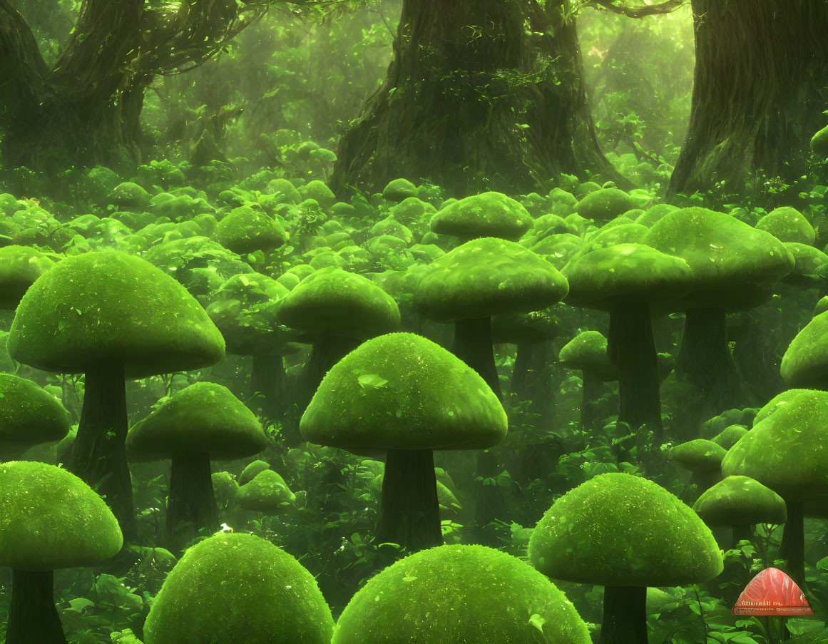 Enchanted forest with giant moss-covered mushrooms and ancient trees