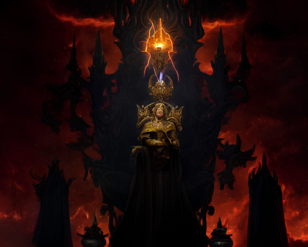Regal figure in golden armor on dark throne with ominous red skies.