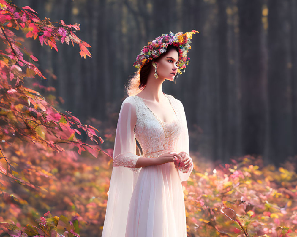 Woman in white dress with floral wreath among autumn trees with red leaves.