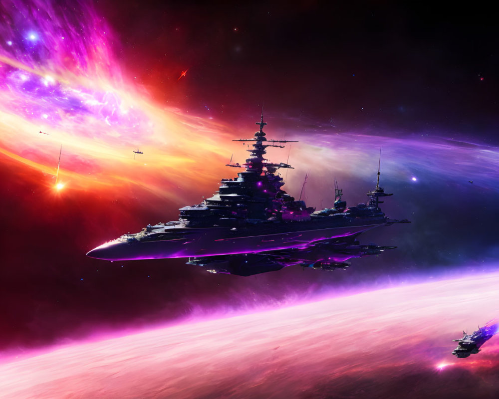 Futuristic spaceships in colorful nebula with stars