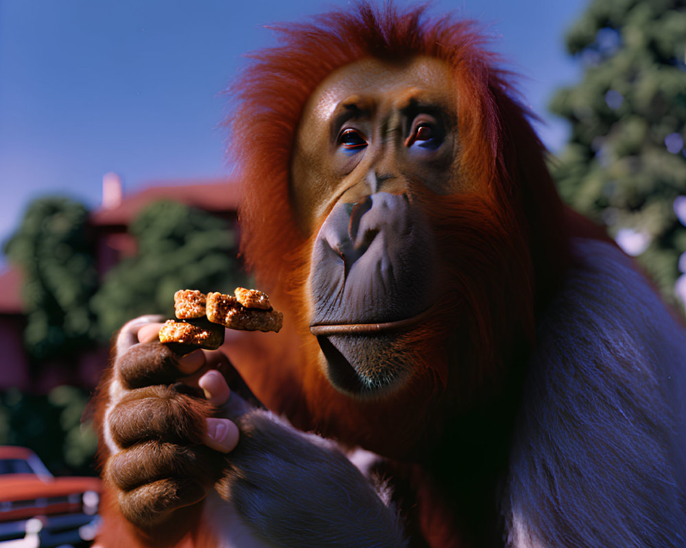 Striking Red Orangutan Examining Food Twig in Forest Setting