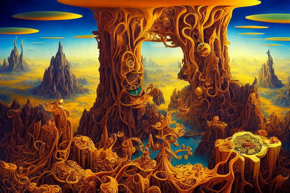Fantastical landscape with towering tree-like structures and golden patterns