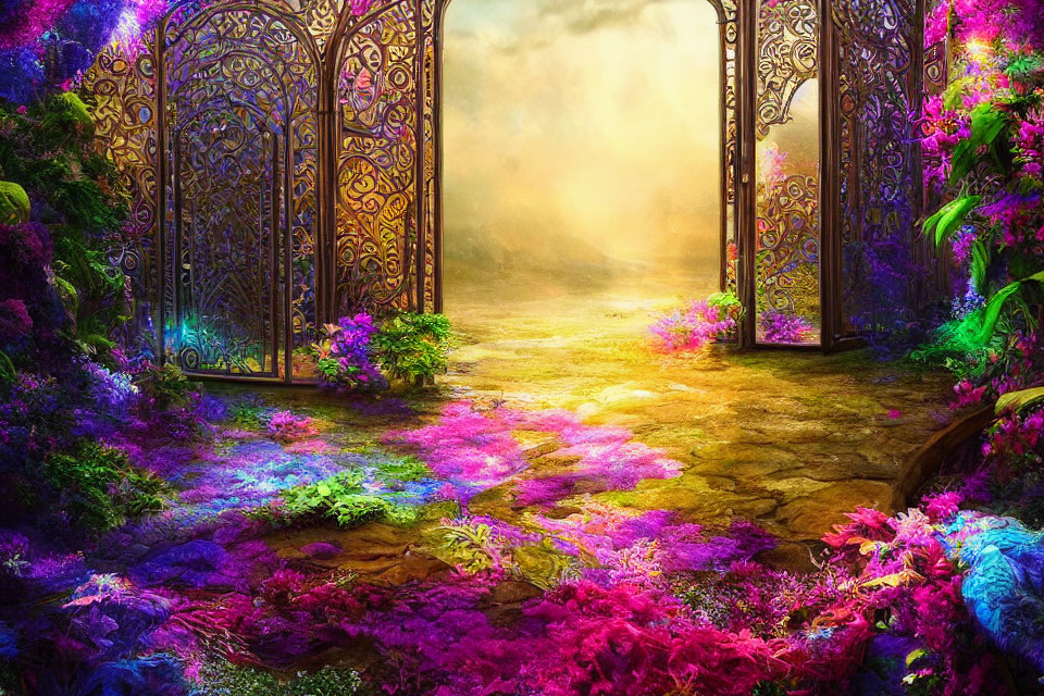 Ornate open gate in mystical garden with vibrant flora