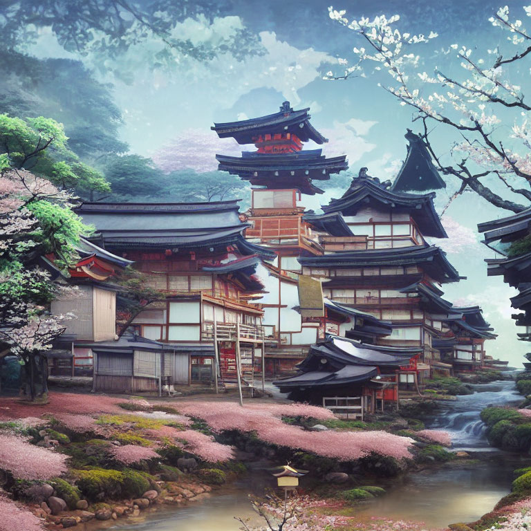 Japanese Pagoda and Cherry Blossoms with Shrine and Misty Mountains