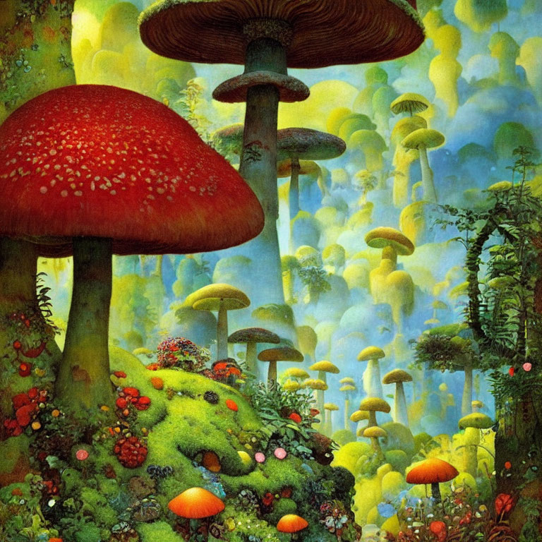 Fantasy forest with oversized colorful mushrooms in surreal setting