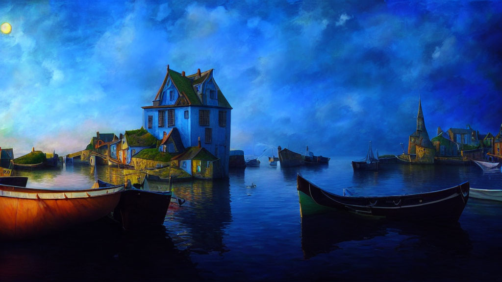 Surreal painting of moonlit village on water