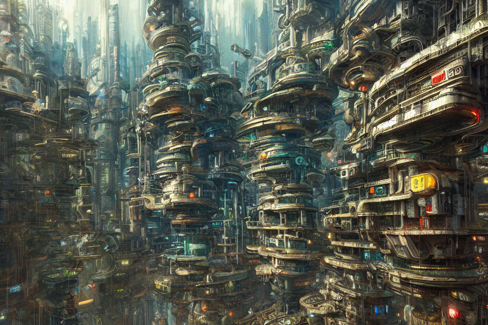 Futuristic cityscape with towering cylindrical structures