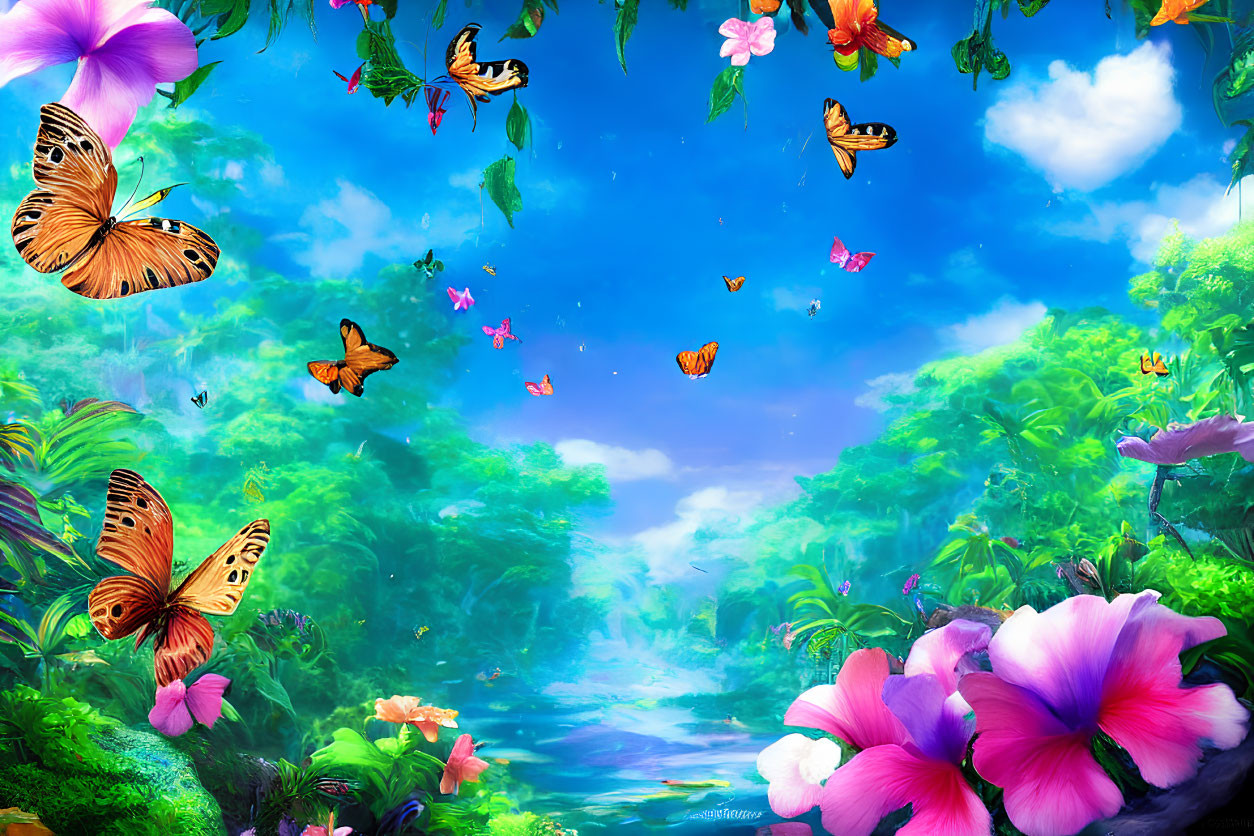 Colorful digital art: lush, fantastical forest with flowers and butterflies