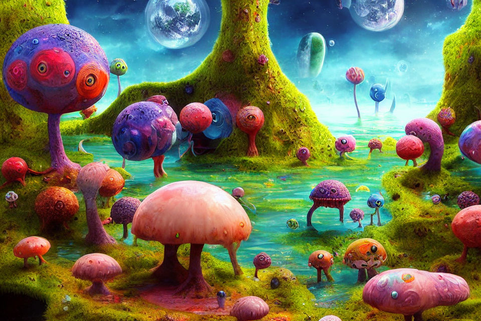 Colorful Mushroom Creatures and Planetary Sky in Fantasy Landscape