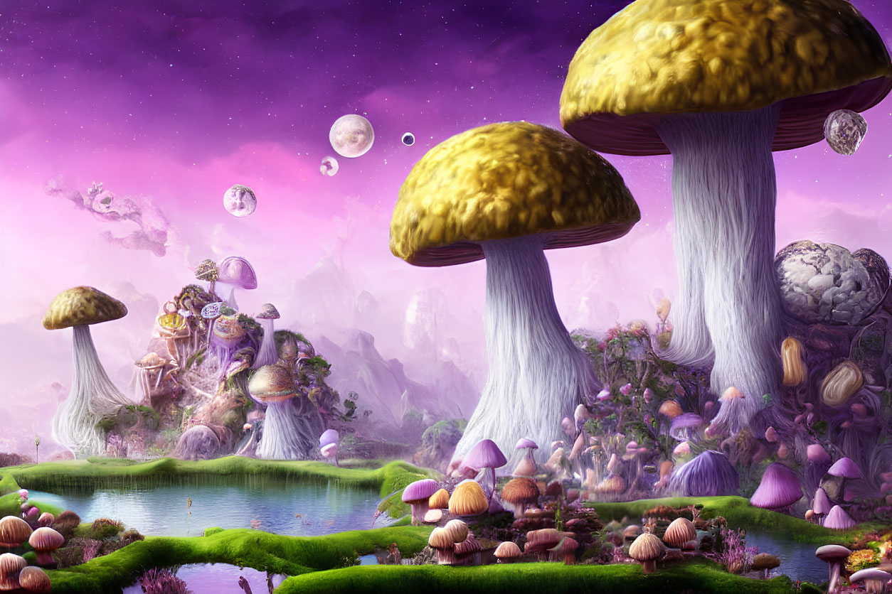 Fantasy landscape with oversized mushrooms, floating islands, and starry sky