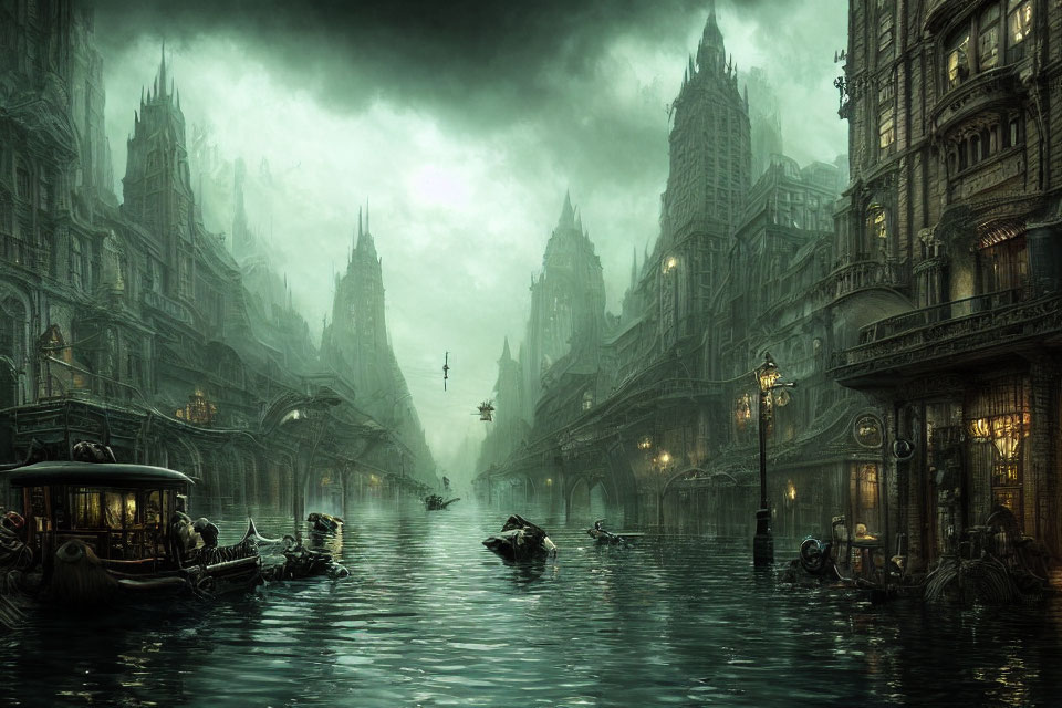 Misty Gothic cityscape with Victorian buildings and boats on canal