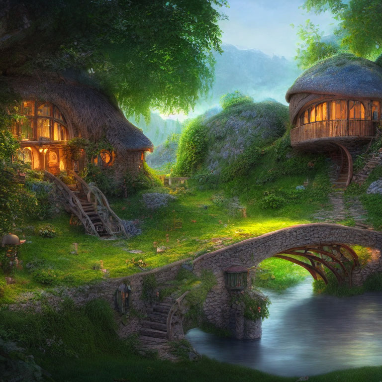 Tranquil twilight landscape with thatched cottages, stone bridge, serene stream, lush greenery