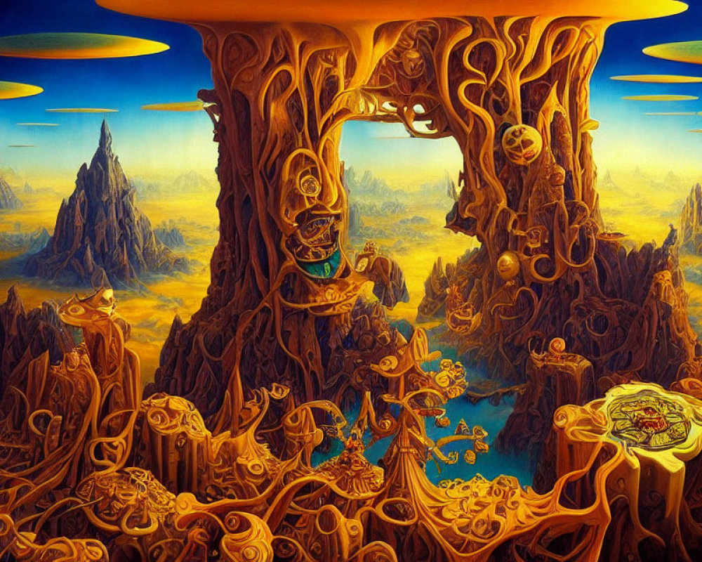 Fantastical landscape with towering tree-like structures and golden patterns