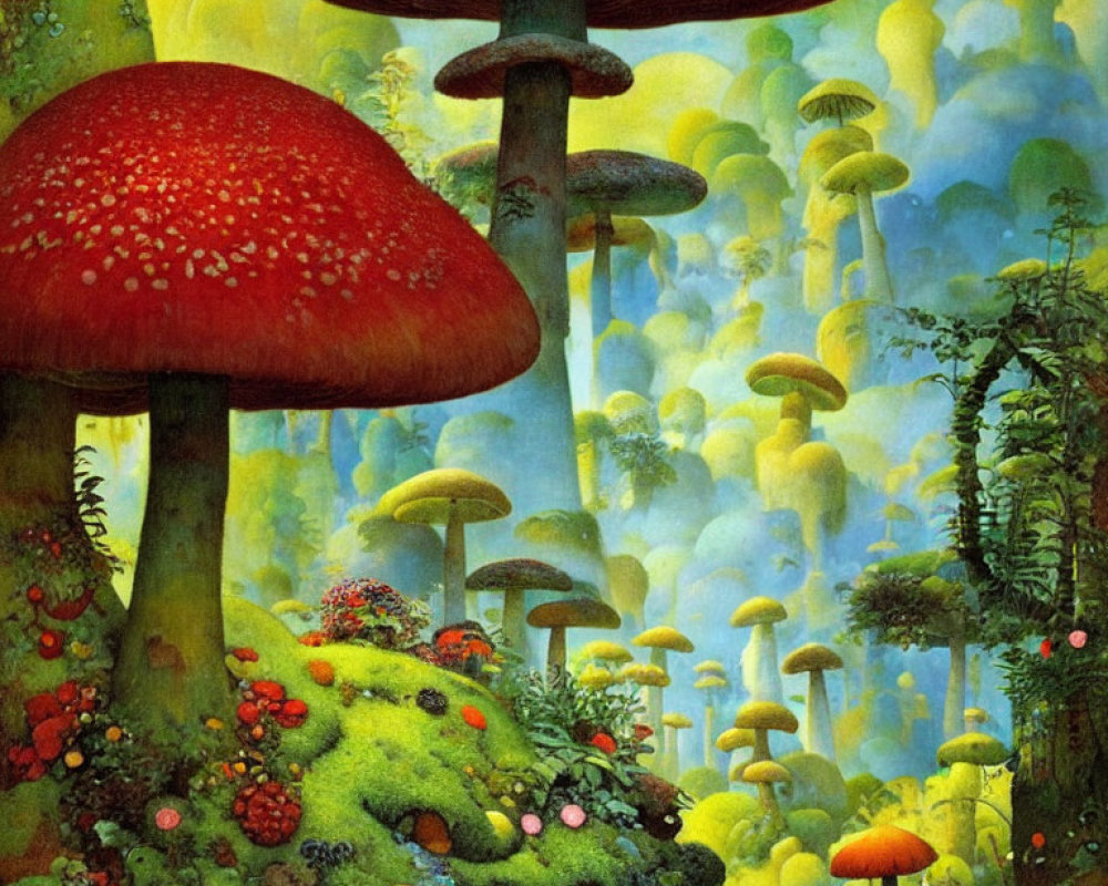 Fantasy forest with oversized colorful mushrooms in surreal setting