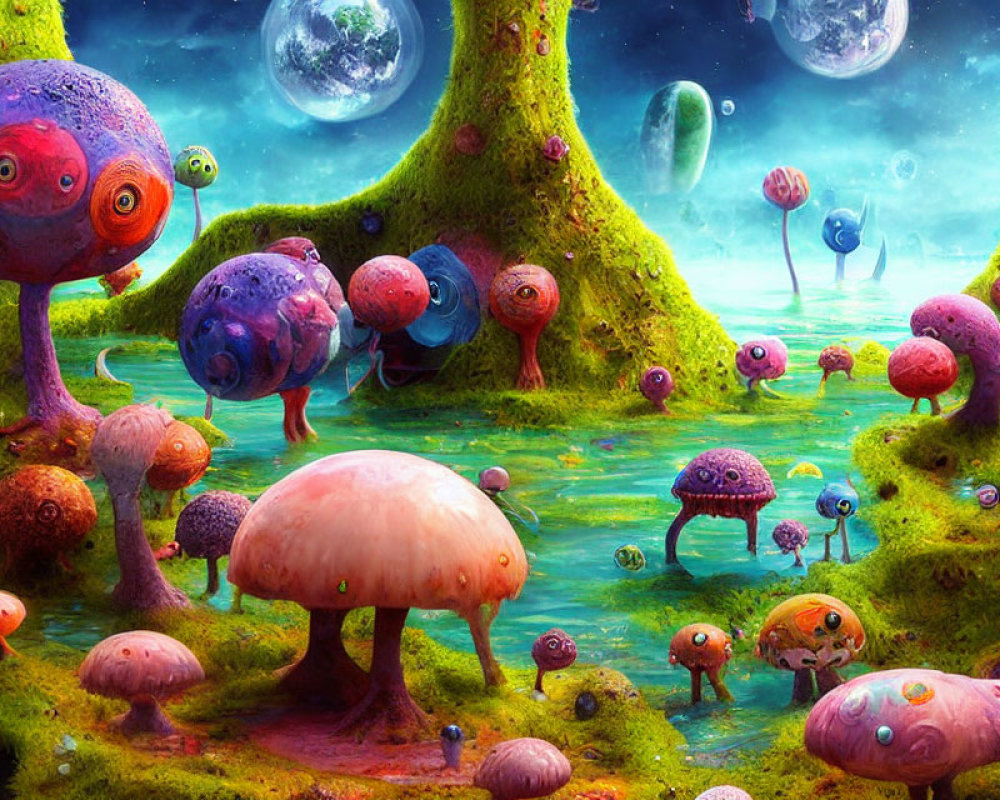 Colorful Mushroom Creatures and Planetary Sky in Fantasy Landscape