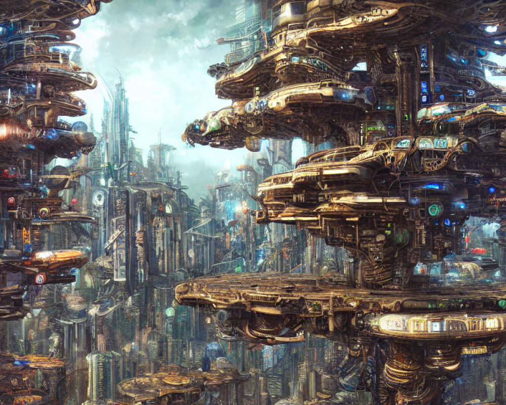 Futuristic cityscape with towering layered structures and advanced machinery at dusk