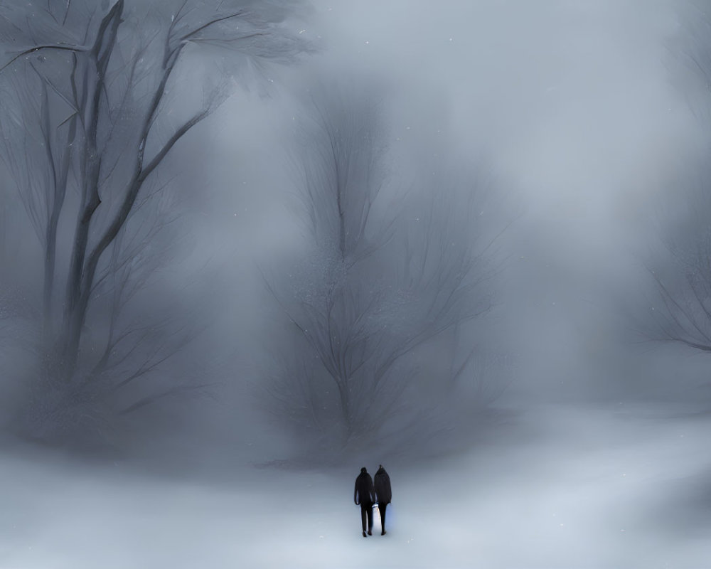 Couple Holding Hands in Snowy Forest with Bare Trees