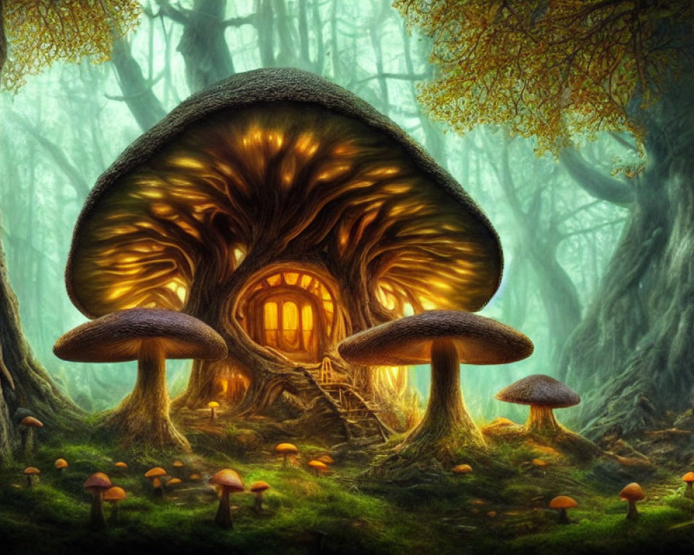 Enchanting forest scene with whimsical mushroom house and golden lighting