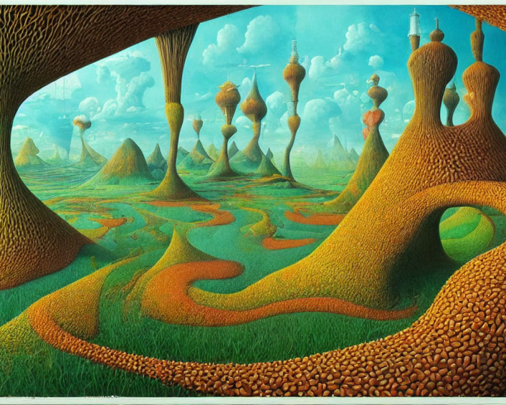 Fantastical landscape with oversized tree-like structures and winding paths