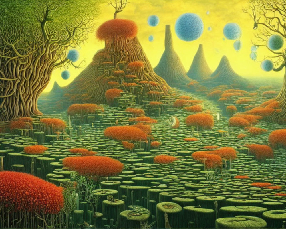 Fantastical landscape with tree-covered hills and floating blue orbs