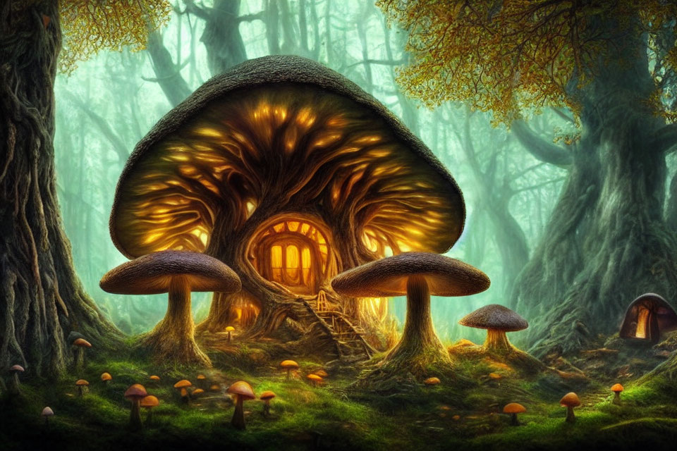 Enchanting forest scene with whimsical mushroom house and golden lighting
