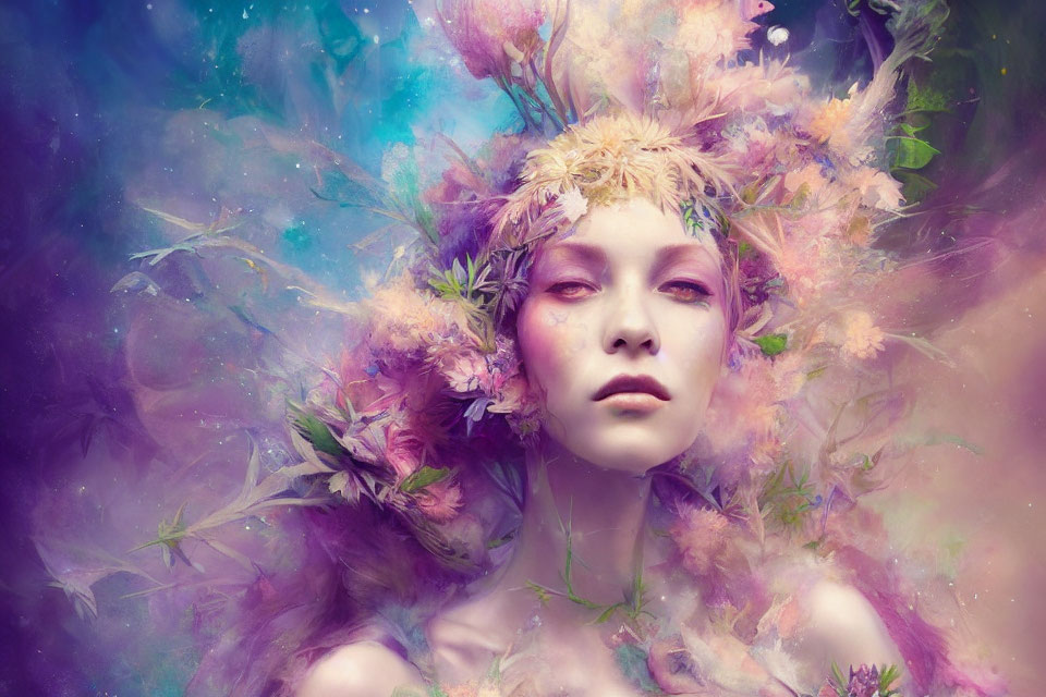 Surreal portrait with pastel flowers and cosmic background