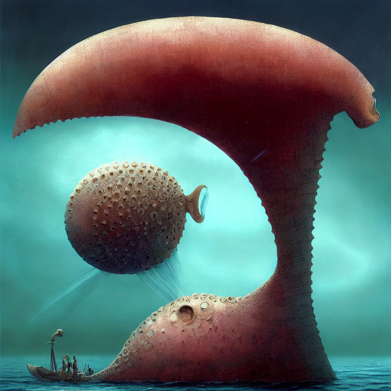 Surreal artwork: Giant mushroom structure, orb objects, figure in boat